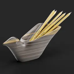 "3D model of a bird shaped pencil holder made with Blender 3D. This elegant holder is made of marble, wood, and glass and is perfect for organizing pencils on a shelf. Inspired by Rubens Peale, it is easy to use and perfect for both professional and personal projects."