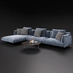 Velvet corner sofa 3D model with pillows and coffee table for Blender rendering, available on Archiproducts.