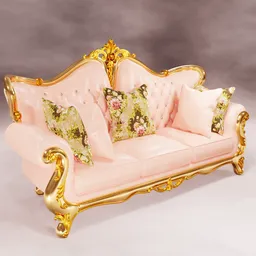 "Ornament Chesterfield Sofa in pink with gold trim and pillows. This 3D model created in Blender 3D software features easy customization with RGB Curve for leather colors. Add a touch of rococo elegance to your 3D designs with this bombastic and ostentatious sofa."