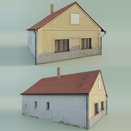 "European village family house with detailed red roof in 3D clay render by Ernő Grünbaum, untextured and displacement mapped. Exterior model for Blender 3D software before and after workshop modifications, available in version 3."