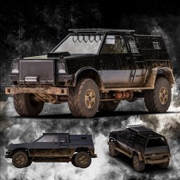Custom-designed lowpoly 4x4 off-road vehicle Blender 3D model with procedural mud textures.
