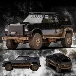 "Off-road 4x4 vehicle with large tire, procedural mud and post-apocalyptic design. Inspired by the game style of Rimworld and military equipment. Perfect 3D model for Blender 3D."