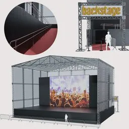 "A commercially-ready 3D model of a stage for Blender 3D. Featuring full details and a man standing on the stage, this model is perfect for creating industrial and party scenes. With a flex box position and barriers, it is designed for photorealistic renders in both indoor and outdoor environments."