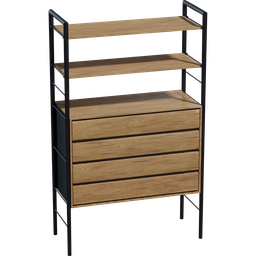 Detailed Blender 3D model of a wooden drawer cabinet with metal frame, perfect for interior design renderings.