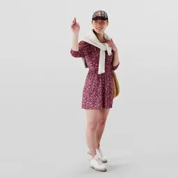 Detailed Blender 3D model of a smiling young woman in casual summer attire with accessories.