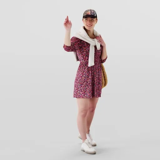 Detailed Blender 3D model of a smiling young woman in casual summer attire with accessories.