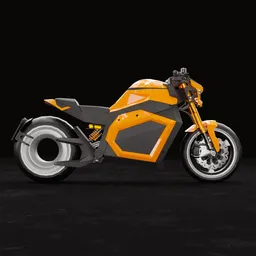 Alt text: "Verge Motorcycles, a mid-poly 3D model from a Finnish company, designed with a movie clockwork orange and Kōno Bairei inspired concept. Features a yellow and orange color scheme and takes inspiration from the world of crypto currency and gaming, perfect for Blender 3D enthusiasts."