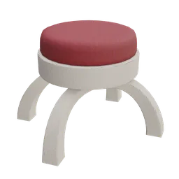 "White painted wood stool with red upholstery, a low stool perfect for any modern space, ideal for Blender 3D modeling."