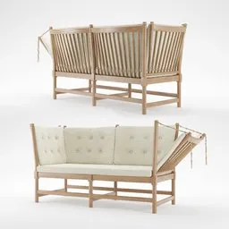 Detailed 3D rendering of classic Spoke-Back Sofa with wood frame and tufted cushions, viewable in Blender.