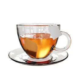 "3D model of a cup of tea with a tea bag, perfect for creating cozy environments in Blender 3D. The cup is set against a transparent background and has a round-cropped shape, ideal for use in various settings. This high-quality model features a white background, lossless rendering, and is great for creating visually appealing scenes."