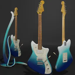"3D model of Fender Player Plus Meteora Belair Blue electric guitar on Bulldog guitar stand and Blender curve controlled guitar strap. Innovative design with classic Fender style and modern features. Perfect for music enthusiasts and Blender 3D users."