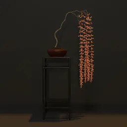 "A stunning 3D model of a bonsai plant with intricate branches and pinkish-orange blooms. Perfect for any Blender 3D project, featuring ultra-optimized polygons. Created by Nōami, inspired by Shunkōsai Hokushū and an SCP anomalous object."