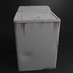 "3D model of a vintage Whirlpool top load washer for Blender 3D. Detailed textures of clothes and rust with damaged arms, moldy features, and rusty colors. Realistic replica of an old washing machine perfect for household appliance designs."
