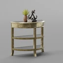"A stylish gold side table with a plant on top, ideal for adding elegance to your Blender 3D scene. This detailed model features a Galleon-inspired design and a top lid, making it perfect for use as a vanity or bar. Get it now on BlenderKit."