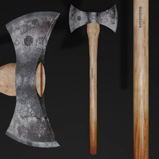 Detailed 3D model of a double bit axe, optimized for Blender rendering, showcasing aged metal textures and wood grain.