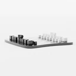 Realistic Blender 3D-rendered modern chess set with accurate scale showcasing minimalist black and white design.
