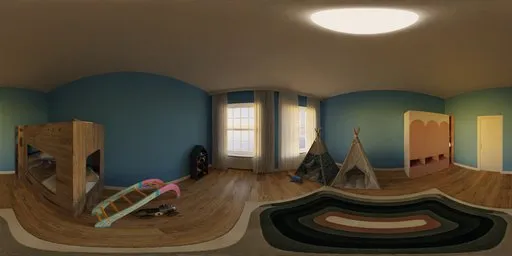 360-degree HDR panorama of a cozy children's room with blue walls, wooden floor, bed, tent, slide, and rug.