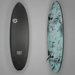 Detailed 3D model of two surfboards, one black and one with blue texture, compatible with Blender.