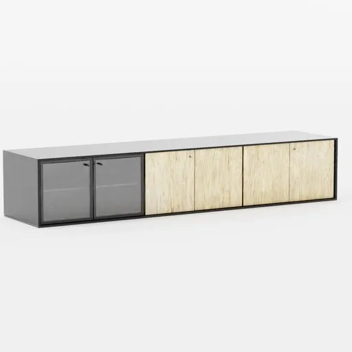 Detailed 3D render of a modern TV cabinet with wood texture for Blender artists.