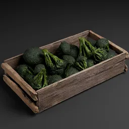 Detailed 3D model of a wooden crate filled with lifelike broccoli, optimized for Blender renditions.