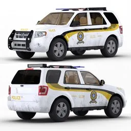 "Ford Escape Police Car 3D Model for Blender 3D- Rigged with Interior and Procedural Shader for Dirt and Rust. Perfect for Game Asset of Fighters or Roblox Avatar- Created by Martin Desjardins in Rugged Ranger Camouflage Scheme."