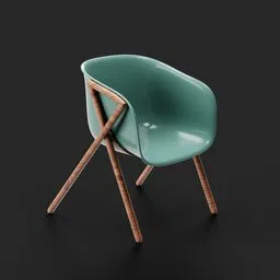 "3D Rattan Chair model in Blender 3D, combining Yantok and Plastic materials. Stylized green chair with wooden legs and a black background, perfect for contemporary interiors. Created by Ambreen Butt for Canva."