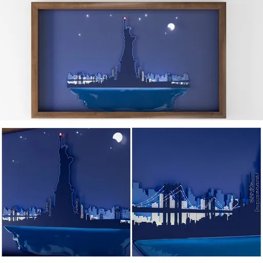 Blender 3D model of a stylized cityscape with sculpted water effect, framed artwork aesthetic, night sky.