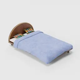 Realistic 3D model of a small double bed with blue bedding and patterned pillows for Blender.