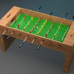 "A physically-based rendered Foosball table with a soccer field on it. Made with Blender 3D, this modern design features wooden furniture and a six-sided long table. Perfect for game and animation projects."