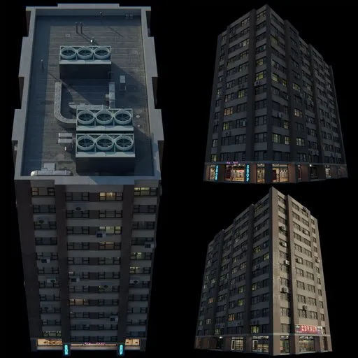 Detailed Blender 3D model of a multi-sided building with lit interior, showcasing a shoe shop and supermarket, perfect for urban scenes.