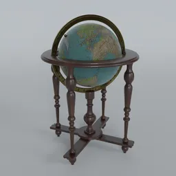"Floor Standing Globe 3D model for Blender 3D: made from polished walnut base with bronze adjusting ring, cardboard globe with adjustable tile and rotation. Detailed textures, perfect for contemporary or period scenes in den or library."