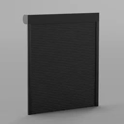 "Roller shutter garage door with realistic wear effect for Blender 3D. This black metal door features a connector and barrier integrity, perfect for a small dock or security guard station. Also includes a surveillance camera, creating a thin monolith design. By [artist username] on BlenderKit."