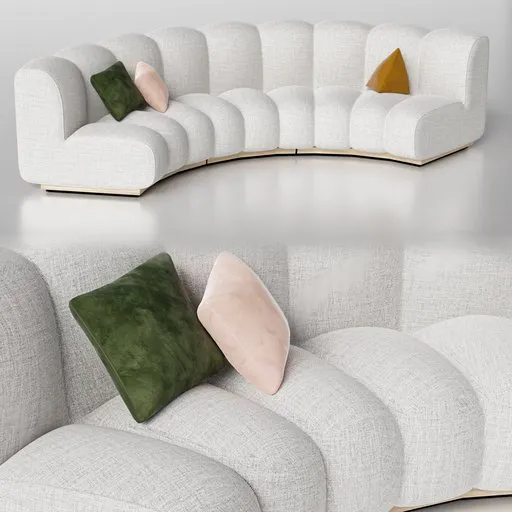 Luxurious 3D modeled curved rounded sofa with soft textures and decorative pillows, ideal for interior design in Blender.