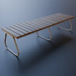 Realistic wooden slatted park bench 3D model with metal legs, perfect for Blender rendering and architectural visualizations.