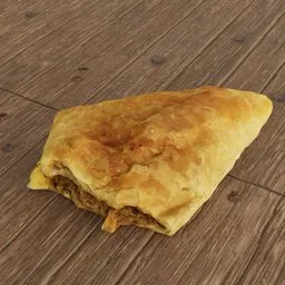 "Scanned and optimized 3D model of a bitten samosa on a wooden table, inspired by Ambreen Butt and Slobodan Pejić. Perfect for RPG game items in Blender 3D."