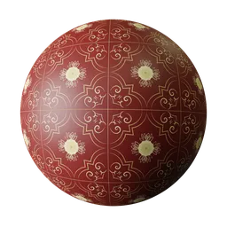 Red and gold decorative ceramic PBR material for 3D floor modeling in Blender, with high-res textures available.