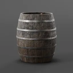 Detailed 3D wooden barrel with metal bands, Blender render for tavern scenes.
