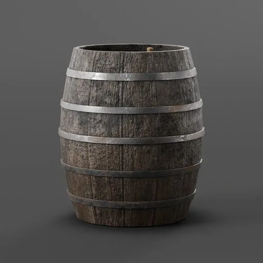 Detailed 3D wooden barrel with metal bands, Blender render for tavern scenes.
