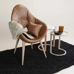"Bar chair set with table and black rug in Blender 3D. This 3D model, named 'Chair Set', features a lounge room inspired design by Victorine Foot and William Berra. Rendered in Redshift and showcased with textures, it showcases a trendy aesthetic with brown fur, influenced by artists like Alfons Walde. Perfect for adding realism to your Blender 3D projects."