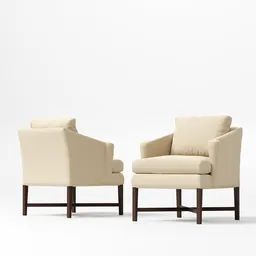 "Montgomery Chair: A traditional chair 3D model by Hickory Chair. Perfect for interior visualizations in Blender 3D. Beige pair of chairs with a footstool on a white background, designed in oak. Vue rendered, featuring high-resolution, vertical orientation, and two still figures facing the camera, seemingly arguing."