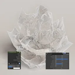 "Procedural Crystal Generator 3D model created with Blender 3D's shader and geometry nodes, featuring crystal formations generated with Substance Designer's height map technology. The model is enclosed in rock and covered with transparent cloth for a unique and dynamic visual effect. Paid art assets used for texture and lasso tool functionality."