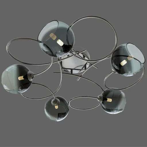 Reflective smoked glass Blender 3D model with organic chrome metal twists for ceiling lighting visualization.