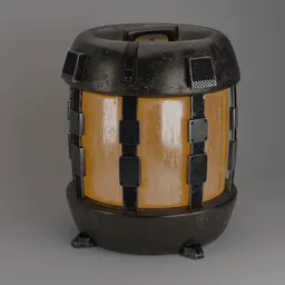 "Scifi Props Radioactive Barrel in Blender 3D: A high resolution coal textured barrel with a metal handle and an orange color scheme. Ideal for science and miscellaneous scifi-themed render concepts."