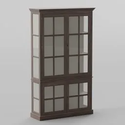 Detailed 3D rendering of a classic wooden bookshelf with glass doors for Blender modeling and interior design.