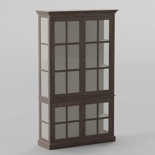 Detailed 3D rendering of a classic wooden bookshelf with glass doors for Blender modeling and interior design.