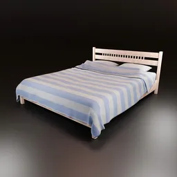"Highly-detailed 3D model of a wooden bed with a mattress, pillows, and a blanket. Created using Blender 3D software, this photorealistic render showcases a beautiful arafed design with a blue and white striped comforter. Perfect for architectural visualization and video game environments."