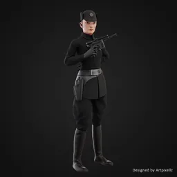 Detailed Blender 3D model of a female officer with uniform and accessories, game-ready and rigged for animation.