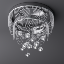 "Modern Beaded Ceiling Light with Swirled Metal Accents and Glass Hanging Balls - 3D Model for Blender 3D" - A stunning close up of a modern chandelier with encased glass balls, featuring a centered radial design and rhodium wires, now available as a high-quality 3D model in Blender 3D software. This 4-foot diameter ceiling light is perfect for boudoir photography or adding modern glamour to any space.