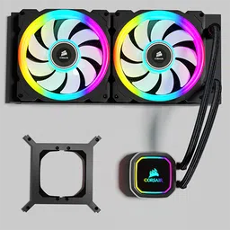 Detailed 3D model of RGB water cooling system with dual fans for Blender rendering.