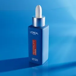 "Retinol Serum 3D model for Blender 3D - L'Oréal Paris hydrating fluid in a close-up shot with volumetric lighting on a blue background. This high-quality 3D model is perfect for art projects, featuring a bottle of the renowned Retinol Serum. Enhance your visuals with this detailed representation."